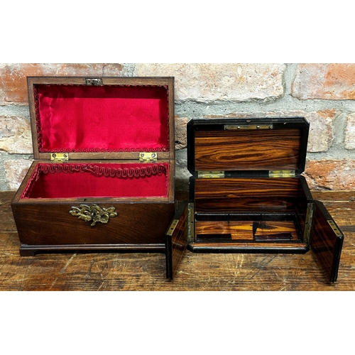 1157 - Georgian mahogany tea caddy with gilt brass handle and escutcheon, converted to a jewellery casket, ... 