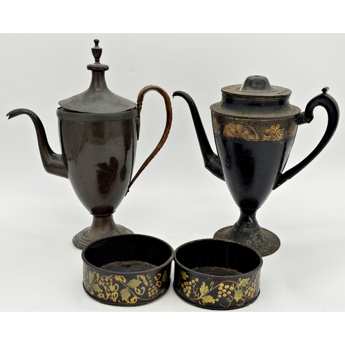 1191 - Early japanned coffee pot with gilt highlights, two japanned wine coasters and an antique copper cof... 