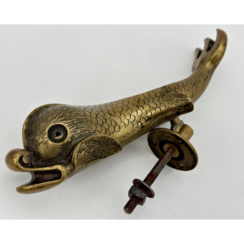 1192 - Antique cast brass dolphin door knocker, 30cm long