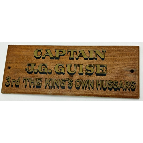 1125 - Mixed military lot  - oak sign with gilt lettering 'Capt J.G. Guise, 3rd The Kings Own Hussars', 15 ... 