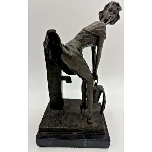 430 - Cast bronze study of a saucy 1950s pin up, signed 'Fisher', marble base, 33cm high