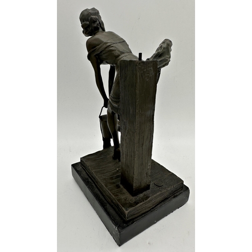 430 - Cast bronze study of a saucy 1950s pin up, signed 'Fisher', marble base, 33cm high