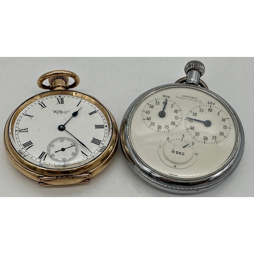 374 - Junghans chrome process time meter, 5.5cm diameter with a further Waltham gold plated pocket watch (... 