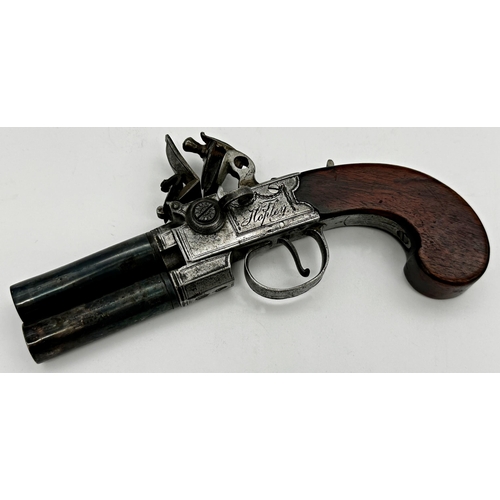 444 - Good quality 19th century twin vertical barrel flintlock pistol, inscribed Hopley, with mahogany gri... 