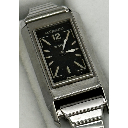 376 - Early gents LeCoultre Duoplan stainless steel gents wristwatch, 16mm case, square black dial with lu... 