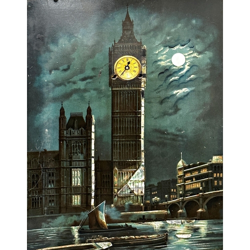 398 - Good Big Ben twin train picture clock music box, with inset 4cm dial, the picture with applied mothe... 