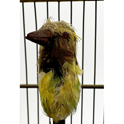 400 - Good antique continental singing bird automaton, feathered bird on a perch in a wire work cage on a ... 