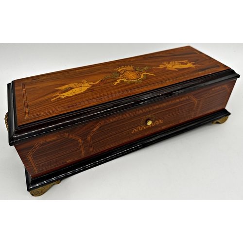 403 - Good vintage Reuge of Switzerland rosewood music box, with five interchangeable cylinders, 39cm long