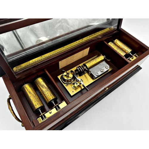 403 - Good vintage Reuge of Switzerland rosewood music box, with five interchangeable cylinders, 39cm long