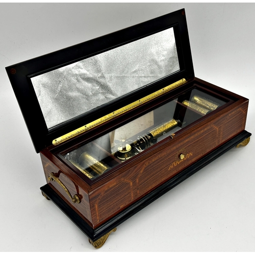 403 - Good vintage Reuge of Switzerland rosewood music box, with five interchangeable cylinders, 39cm long