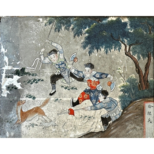 1086 - Late 18th century Chinese school mirror painting of three boys hunting, calligraphy signature bottom... 