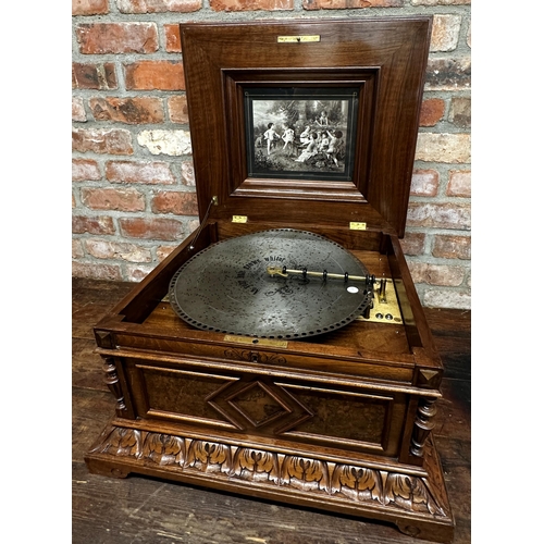 405 - Good walnut cased table top polyphon music box, playing 40cm discs, boxwood inlaid top with picture ... 