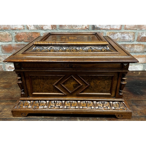 405 - Good walnut cased table top polyphon music box, playing 40cm discs, boxwood inlaid top with picture ... 