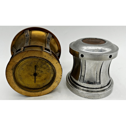 1200 - Good antique brass capstan ships barometer, 12.3cm high, with a further stainless steel capstan pape... 