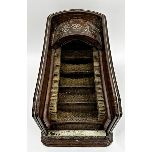 1162 - Good quality rosewood and silver inlaid carriage shoe shine, fitted with various fixed brushes and s... 