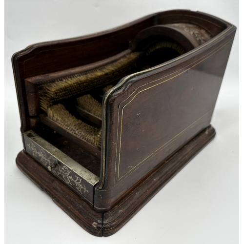 1162 - Good quality rosewood and silver inlaid carriage shoe shine, fitted with various fixed brushes and s... 