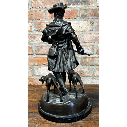 447 - Good cast bronze figural group of a country gent and two hunting hounds, 55cm high