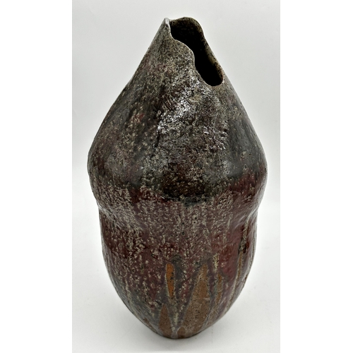 1384 - Good large studio pottery gourd vase, with red drip glaze, 45cm high