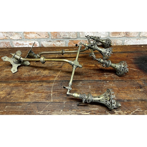 1240 - Good pair of 19th century Arts and Crafts brass twin branch gas lamps, the sconces pierced with hear... 