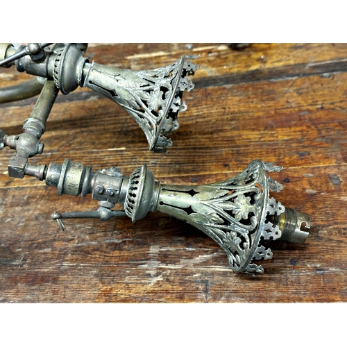 1240 - Good pair of 19th century Arts and Crafts brass twin branch gas lamps, the sconces pierced with hear... 