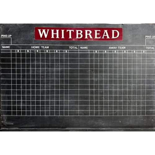 1490 - Large ex pub skittles scoreboard with Whitbread advertising, 103 x 153cm