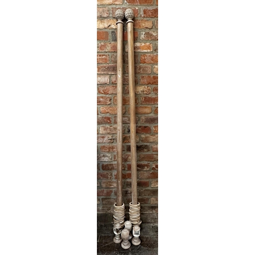 1492 - Pair of good limed wood curtain poles, with floral finials, with rings and brackets, 183cm long