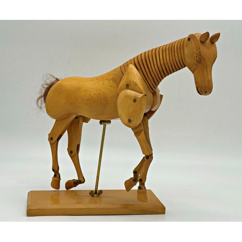 1143 - Mid 20th century fruitwood artists horse maquette, articulated neck and limbs, 31 x 37cm approx