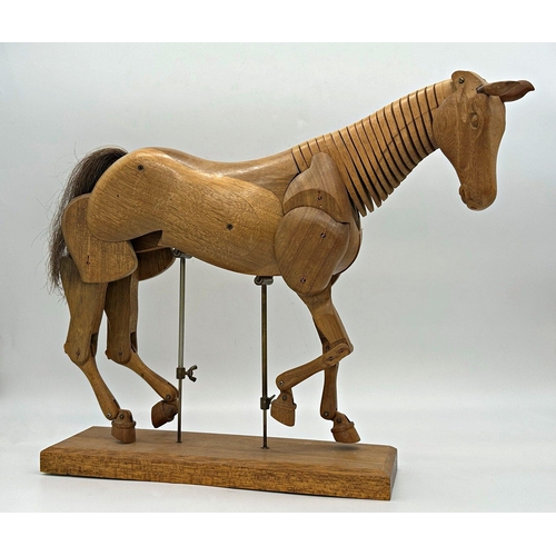 1144 - Large early 20th century fruitwood artists horse maquette, articulated neck and limbs, real horse ha... 