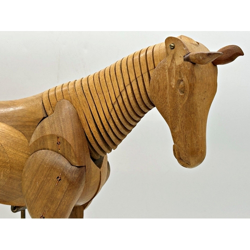 1144 - Large early 20th century fruitwood artists horse maquette, articulated neck and limbs, real horse ha... 