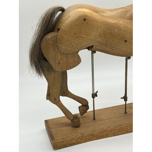 1144 - Large early 20th century fruitwood artists horse maquette, articulated neck and limbs, real horse ha... 