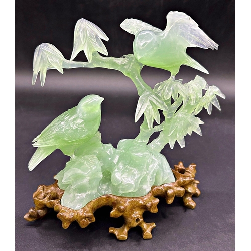 1043 - Chinese jade two birds on branches, bespoke stand, 19m high