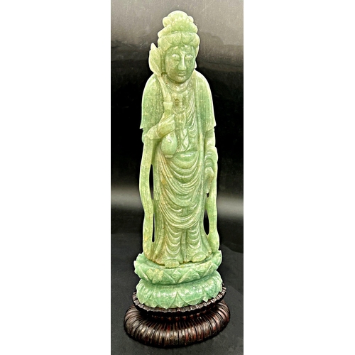 1047 - Chinese jade standing sage, bespoke stand, 36cm high