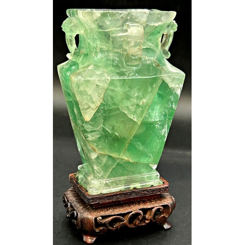 1048 - Chinese jade square baluster vase, bespoke hardwood stand, 14cm high