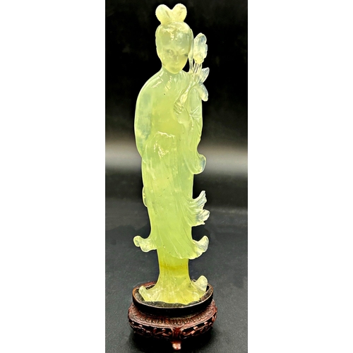 1050 - Chinese clear jade Guan Yen, bespoke stand, 22cm high