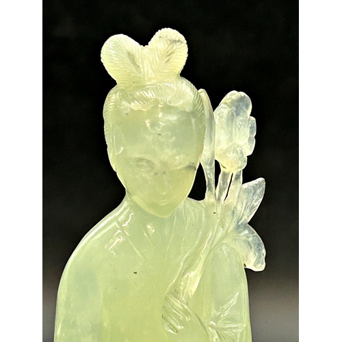 1050 - Chinese clear jade Guan Yen, bespoke stand, 22cm high