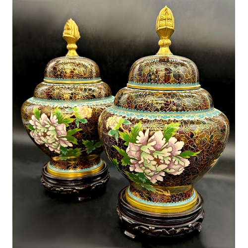 1054 - Pair of good quality lidded cloisonné baluster vases, decorated with lotus flowers, bespoke stand, 2... 