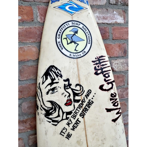 1299 - Cool vintage Wave Graffiti of South Wales surfboard, 200cm long