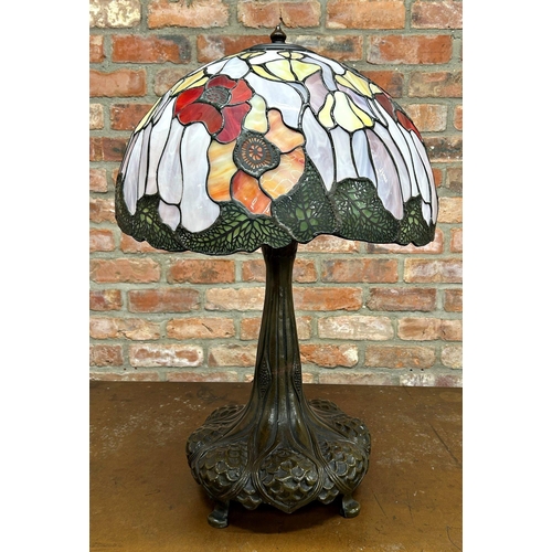 1212 - Good quality large Tiffany style leaded glass and bronze table lamp, the shade decorated with flower... 