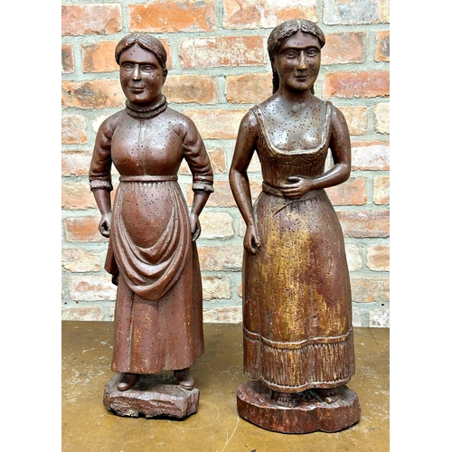 1145 - Good antique pair of Dutch folk art lacquered soft wood carvings of a lady in her housekeepers outfi... 