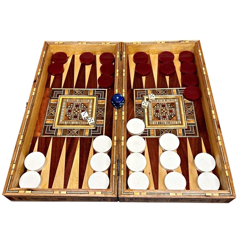 1146 - Early 20th century parquetry backgammon games box, with huge chips and dice, 51 x 50cm (opened)