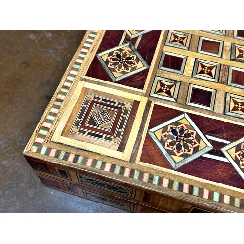 1146 - Early 20th century parquetry backgammon games box, with huge chips and dice, 51 x 50cm (opened)