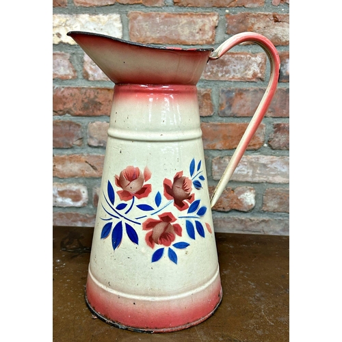 1113 - French enamel jug, with stencil roses, 36cm high