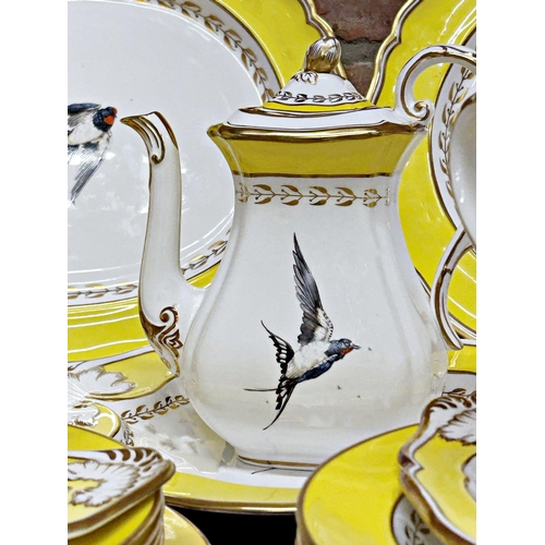 1008 - Good quality extensive tea and dinner service hand painted with swallow in flight, with yellow and g... 