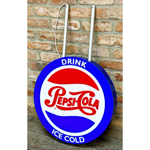 1310 - Cool vintage 'Drink Pepsi Cola, Ice Cold', advertising hanging illuminated sign, 61cm diameter