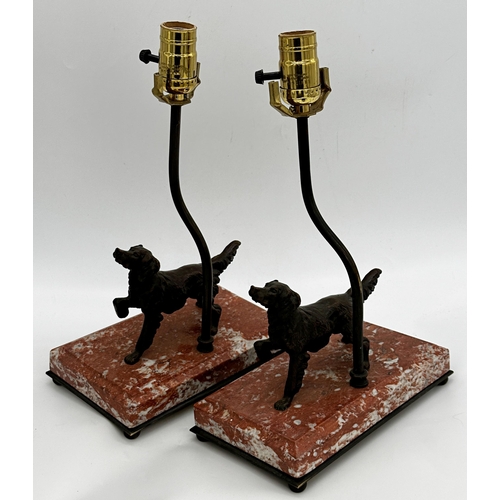 1216 - Pair of good quality highly decorative table lamps, with bronze hounds mounted on red veined marble ... 