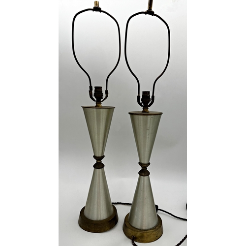 1217 - Elegant pair of twin conical brushed steel and brass table lamps, 50cm high