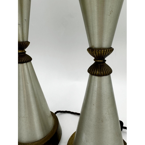 1217 - Elegant pair of twin conical brushed steel and brass table lamps, 50cm high