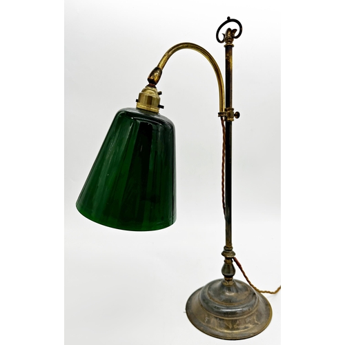 1219 - Good brass rise and fall student's lamp with emerald green shade, 56cm high