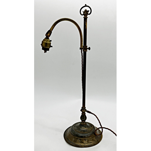 1219 - Good brass rise and fall student's lamp with emerald green shade, 56cm high