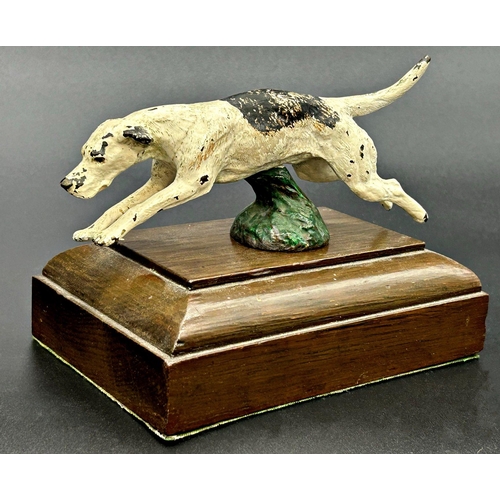 413 - Austrian cold painted bronze car mascot in the form of a foxhound, on a stepped plinth, 16cm long